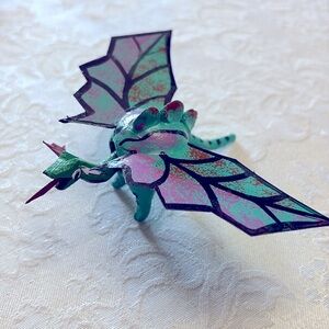Handmade Mexican Wooden Teal Blue Flying Dinosaur Dragon with wings